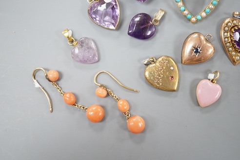 Nine assorted gem set heart shaoed pendants including amethyst and seed pearl, 21mm and turquoise and seed pearl and a pair of yellow metal and coral bead set drop earrings.